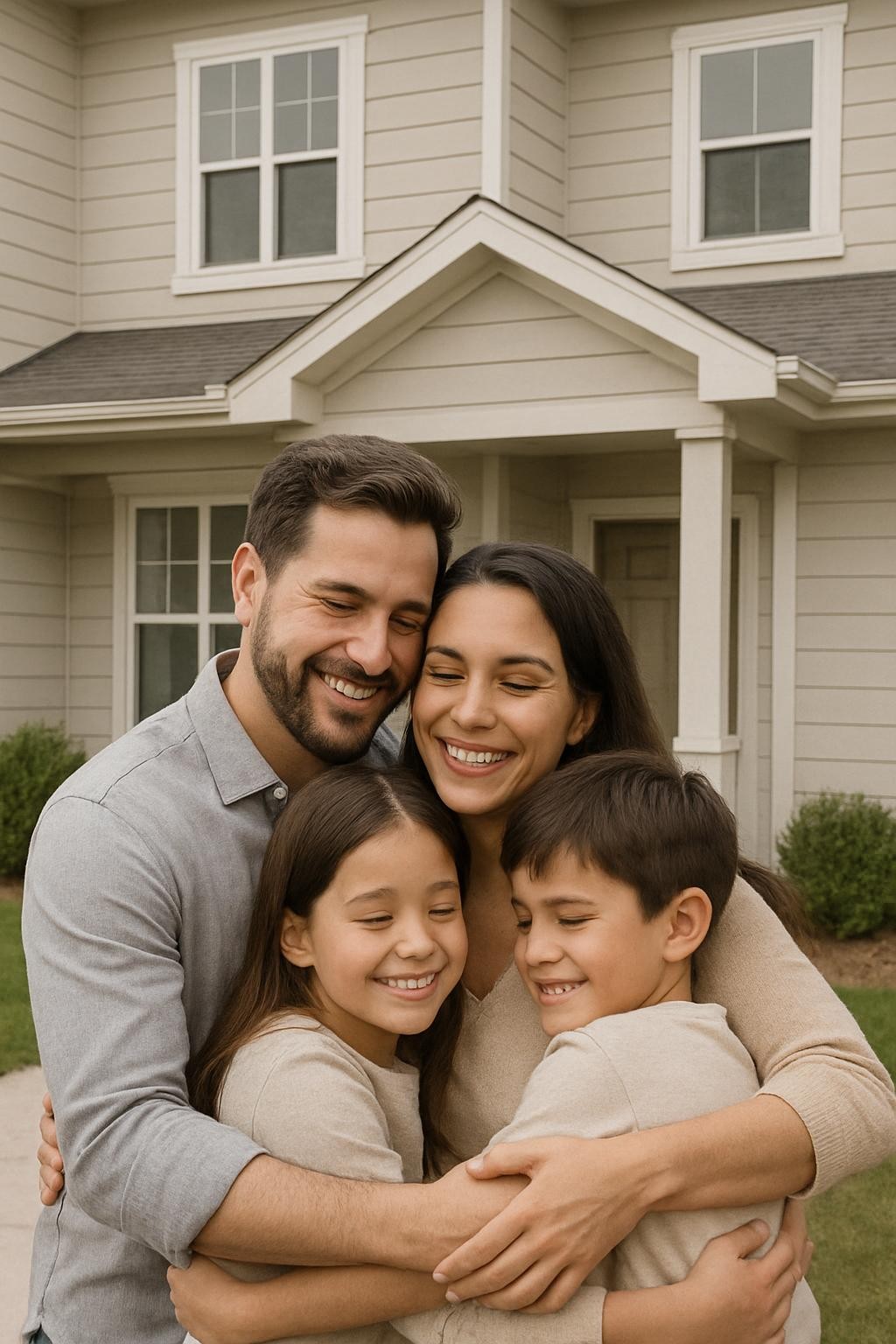 família feliz se abraçando com casa ao fundo, simbolizando proteção e segurança financeira – tema para seguros de vida, ilustração leve, profissional