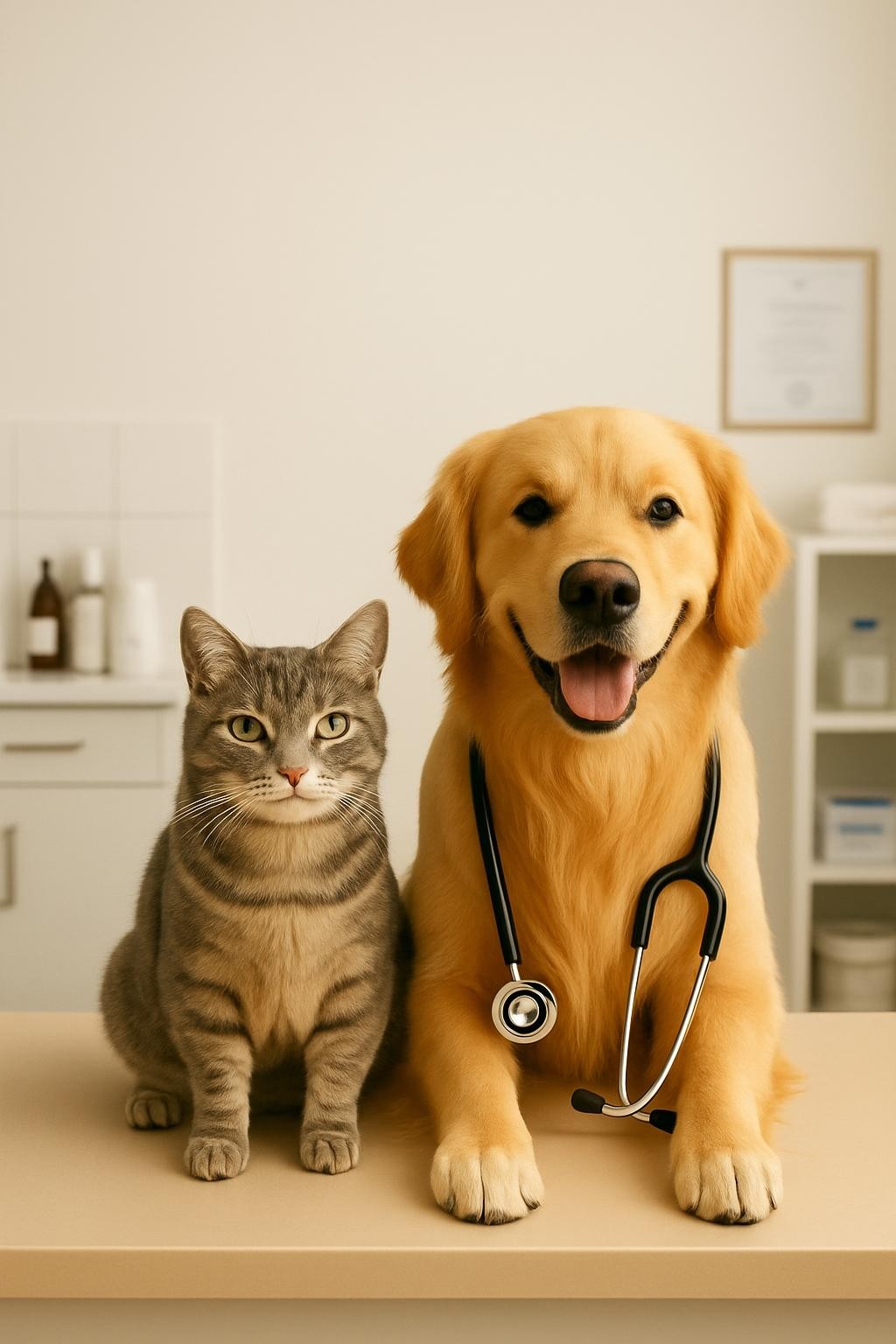 um gato e um cão em uma clínica veterinária, ilustrando proteção e cuidado de seguros para animais de estimação, sem casa amarela no fundo