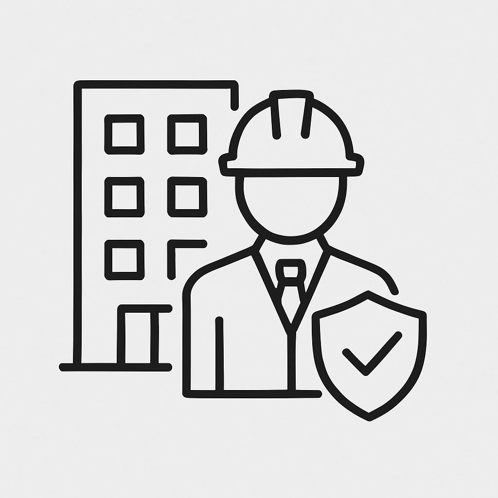 ícone minimalista, moderno, preto e branco, representando segurança no trabalho em contexto empresarial, estilo profissional, combinando visualmente com outros ícones do bloco 'Empresas'