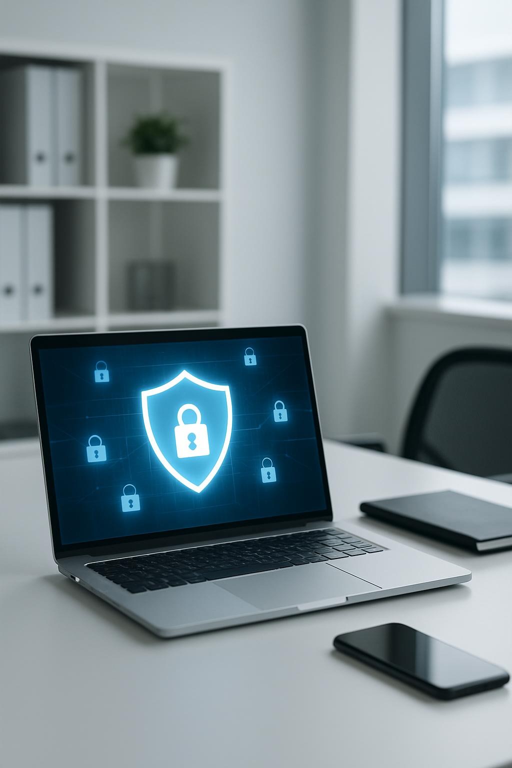imagem ilustrativa de cibersegurança, proteção digital, ambiente moderno e profissional, estilo limpo e tecnológico